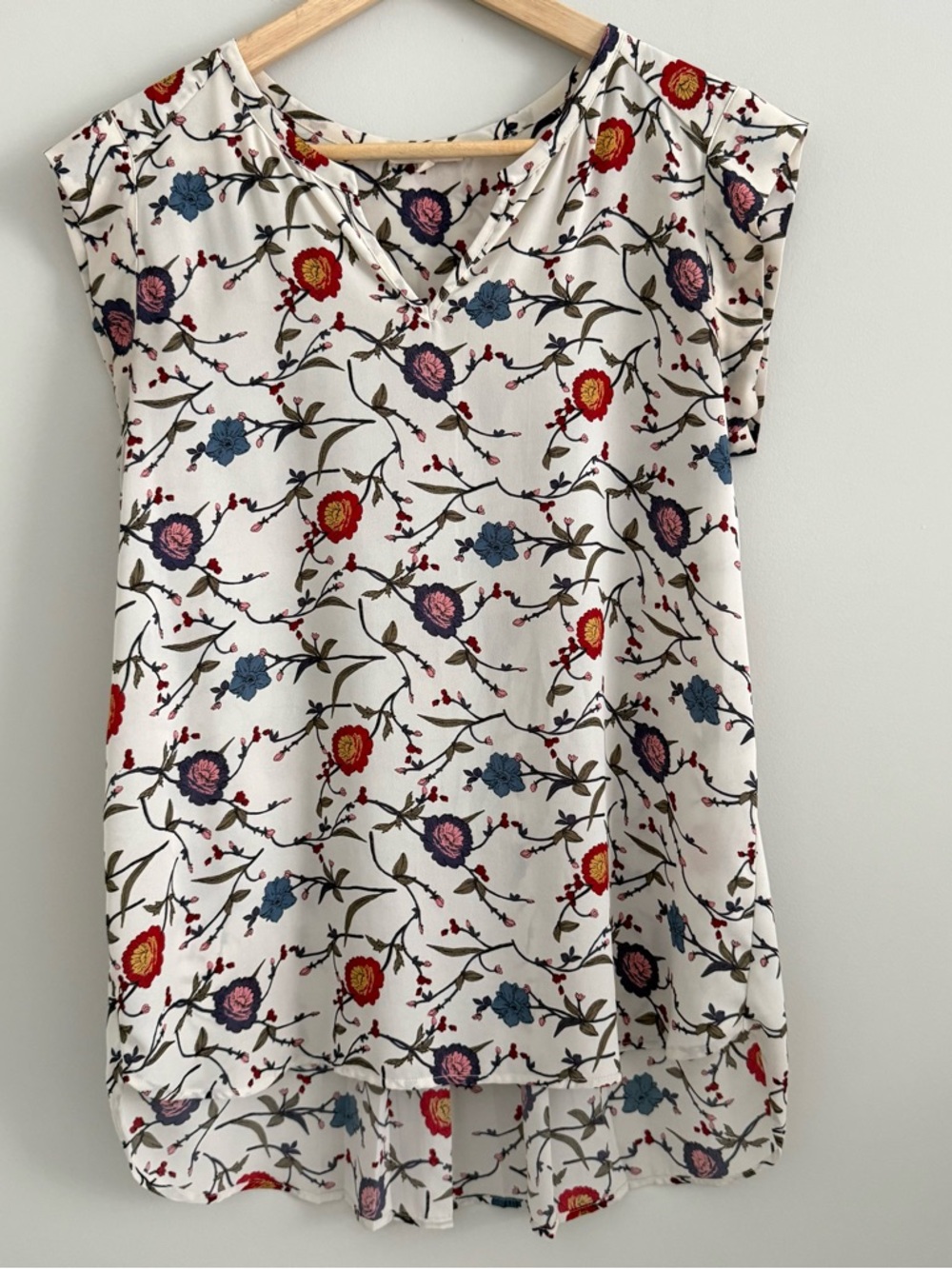 Pleione V Neck Pleated Back Cap Sleeve Floral Blouse Small
